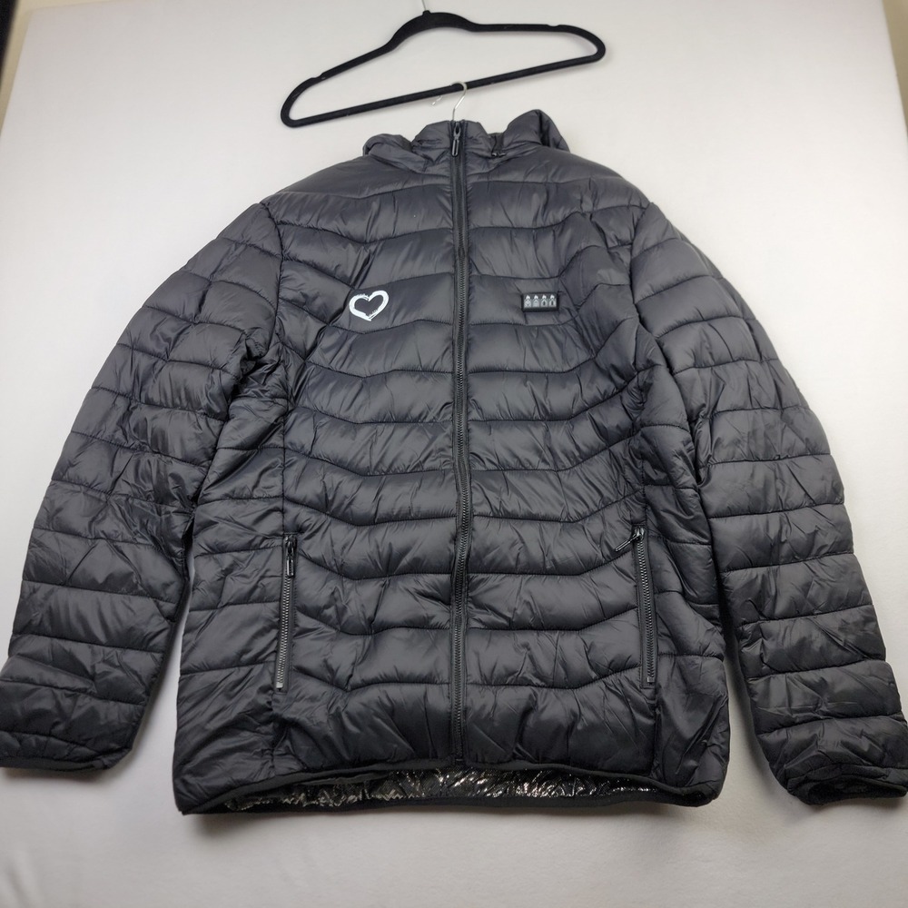 Black USB Heated Puffer Jacket 4XL Women Electric Heat Coat Zip Up Heart Logo